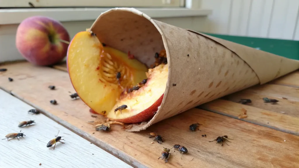 Overripe fruit and paper cone DIY fruit fly traps