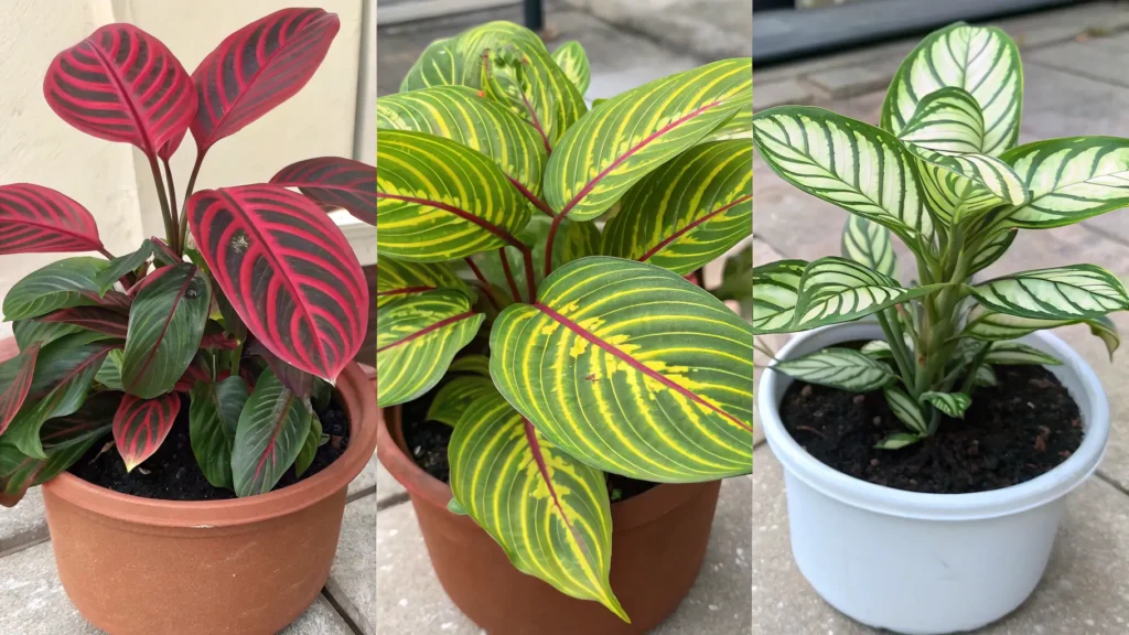 Side-by-side comparison of Prayer Plant varieties: Red Vein, Lemon Lime, and Kim.