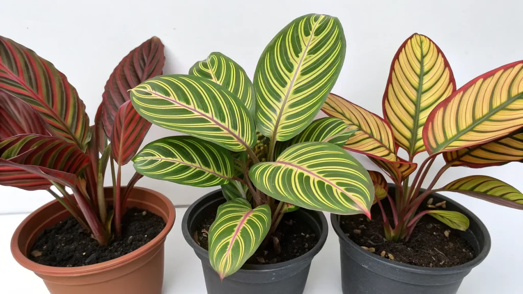 Comparison of Prayer Plant varieties: Red Vein, Lemon Lime, and Kim, highlighting unique care considerations.
