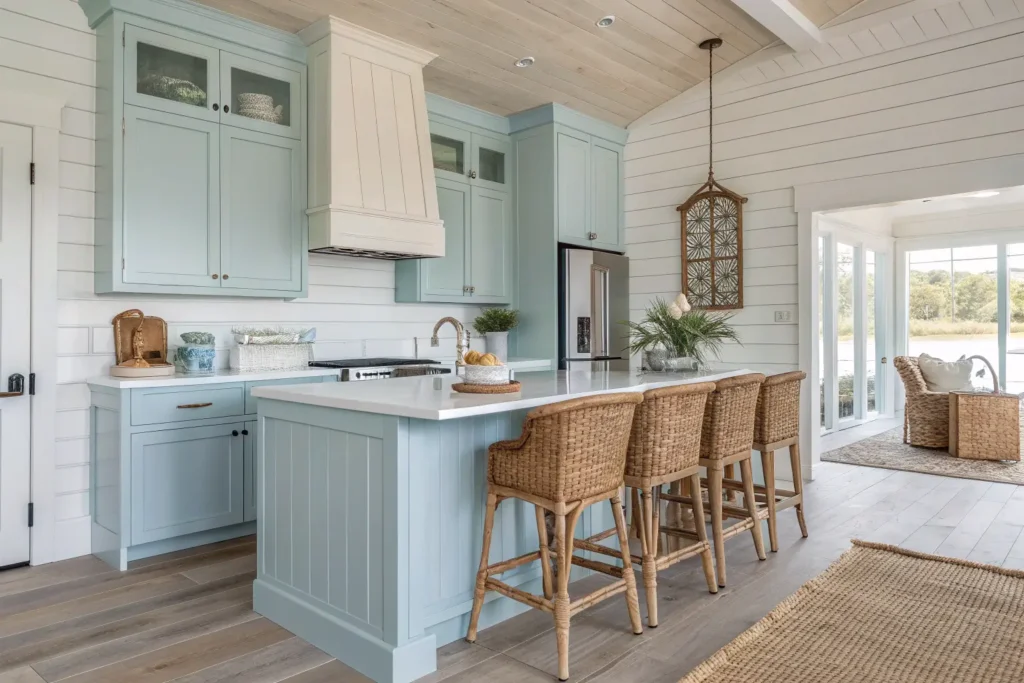 A coastal farmhouse kitchen with light blue cabinets, shiplap walls, and wicker bar stools.