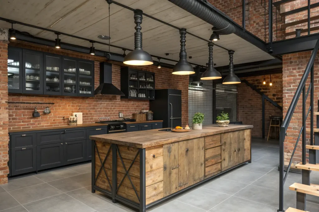 An industrial farmhouse kitchen featuring exposed brick, black metal accents, and a large wooden island.