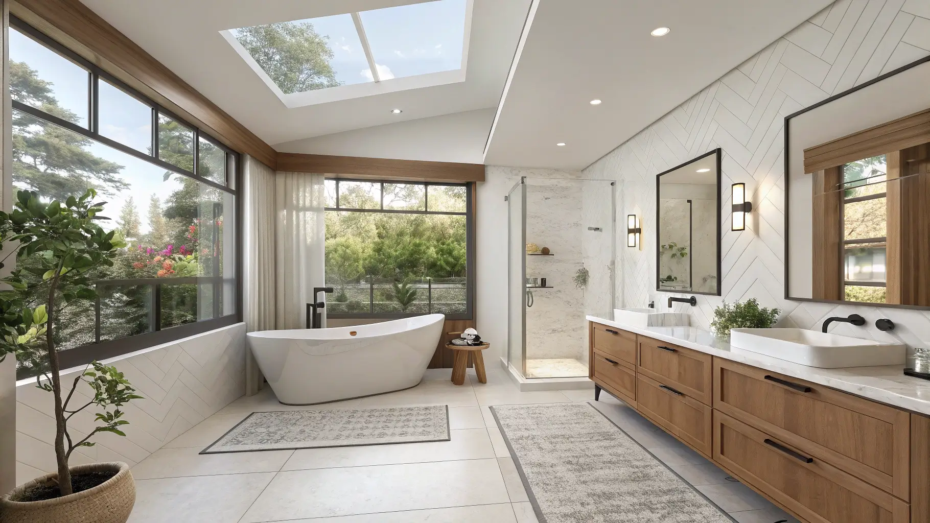 Modern bathroom layout with a walk-in shower, floating vanity, and optimized storage for small spaces