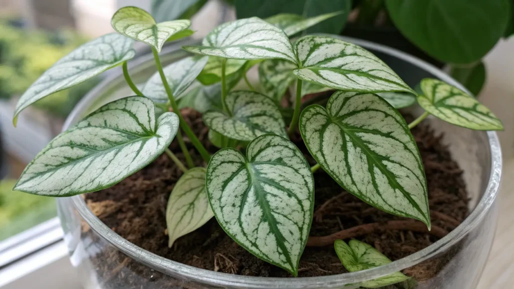 A 360-degree view of a rare Shangri-La Pothos plant with crinkled leaves.