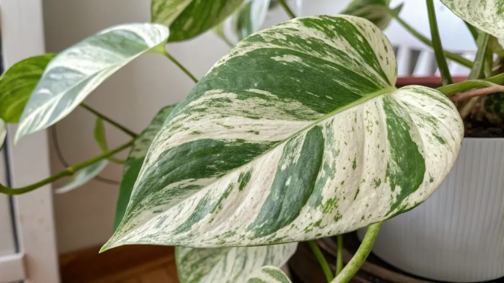 A beautiful Manjula Pothos leaf with broad, wavy edges and creamy, silver, and green variegation.