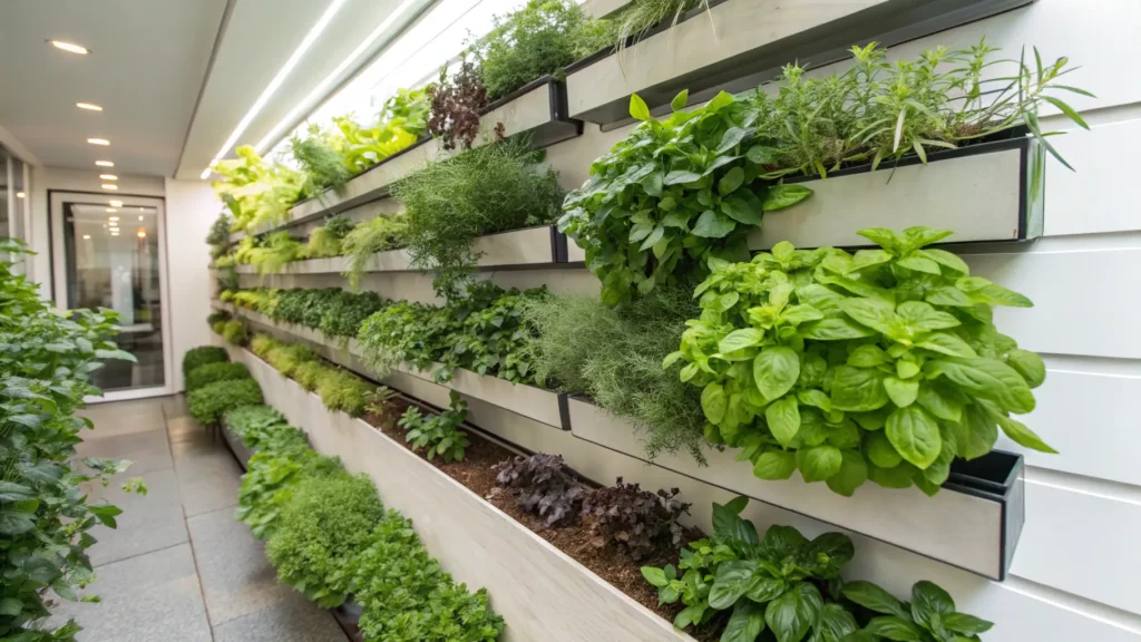 A beautiful wall-mounted vertical garden flourishing with herbs and leafy greens.
