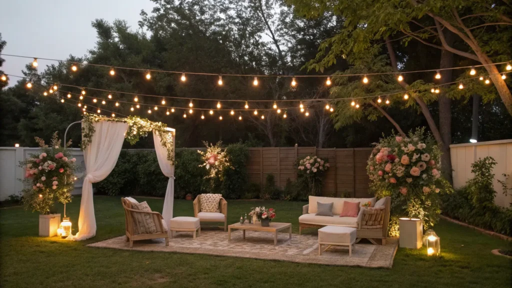 A beautifully arranged backyard wedding space with string lights and comfortable seating.
