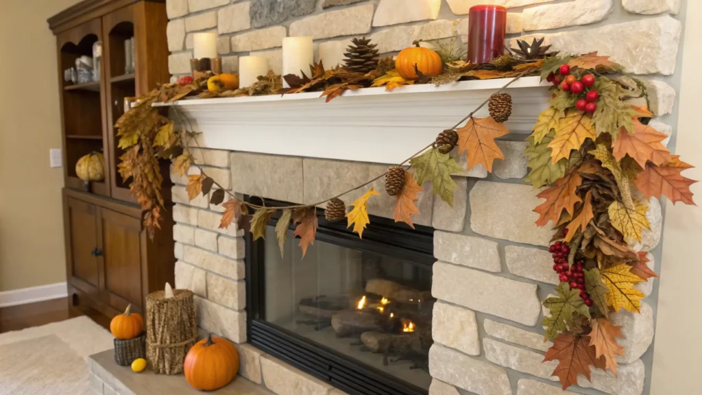 A beautifully crafted DIY fall garland for mantel draped over a fireplace.
