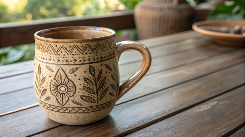 A beautifully crafted handmade ceramic mug with intricate details on a wooden table. Handmade Mugs Sell