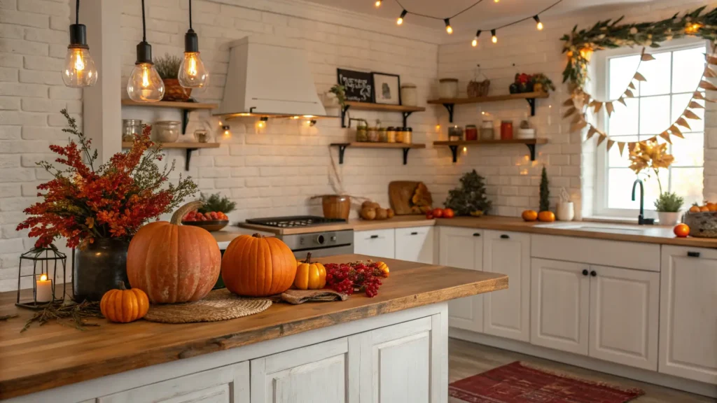 A beautifully decorated fall kitchen scene with a warm glow, rustic elements, and pumpkins on display, embodying cozy fall kitchen decor.