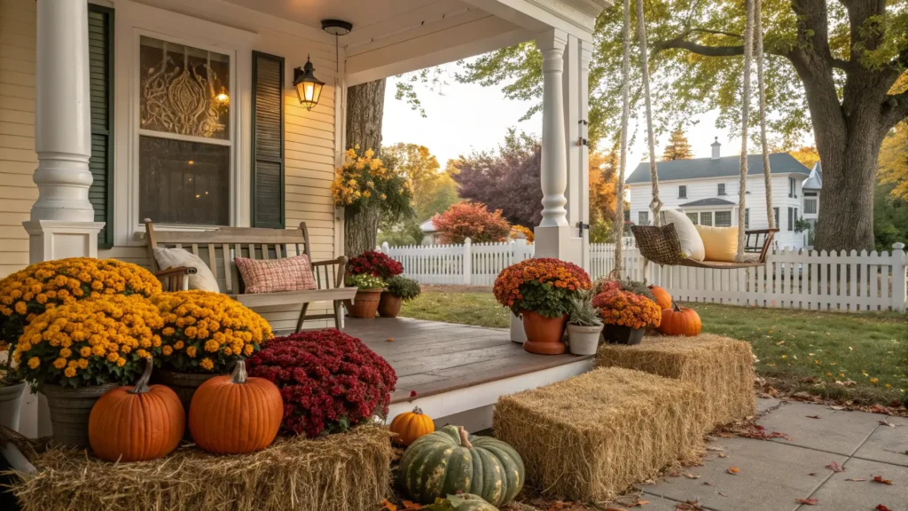 A beautifully decorated front porch with a mix of fall decor with mums, pumpkins, and hay bales.