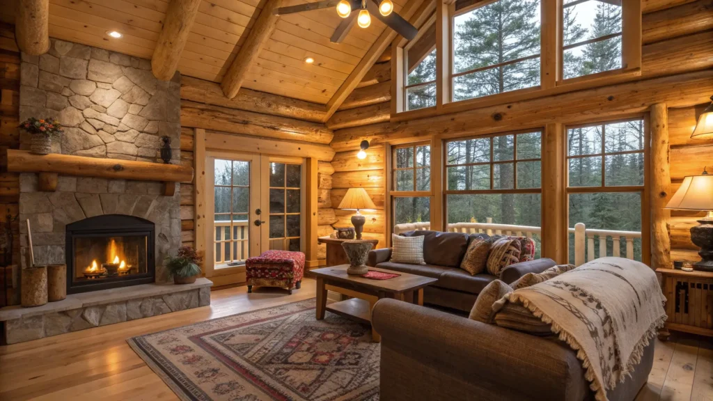 A beautifully designed cabin living room showcasing warm lighting and natural wood cabin interior design