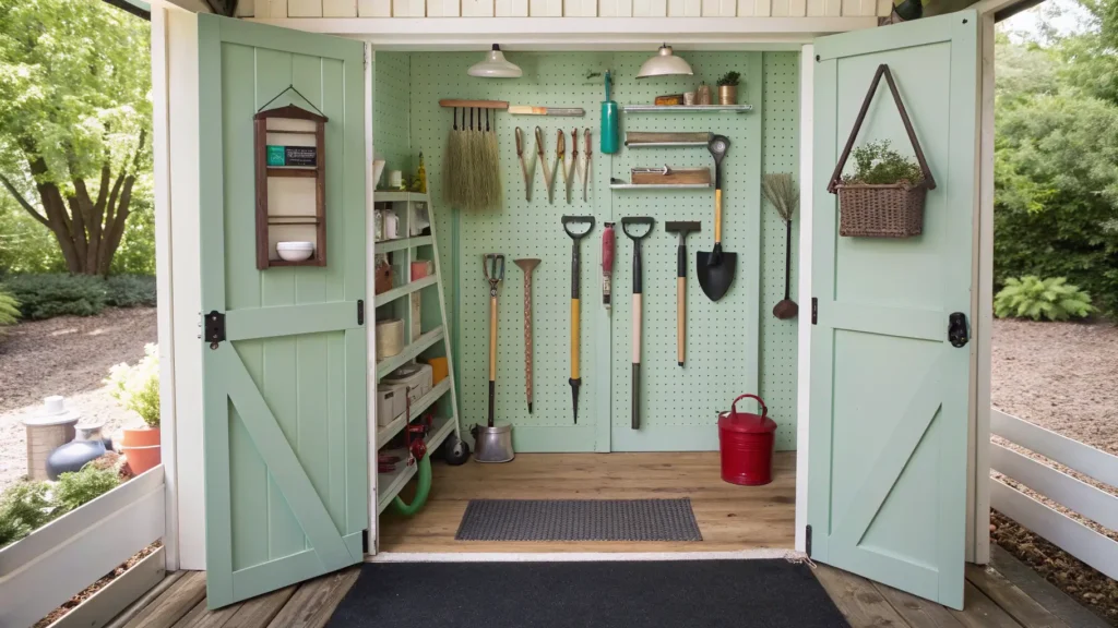 A beautifully organized garden shed with tools neatly arranged on a pegboard, reflecting Martha Stewart's style.