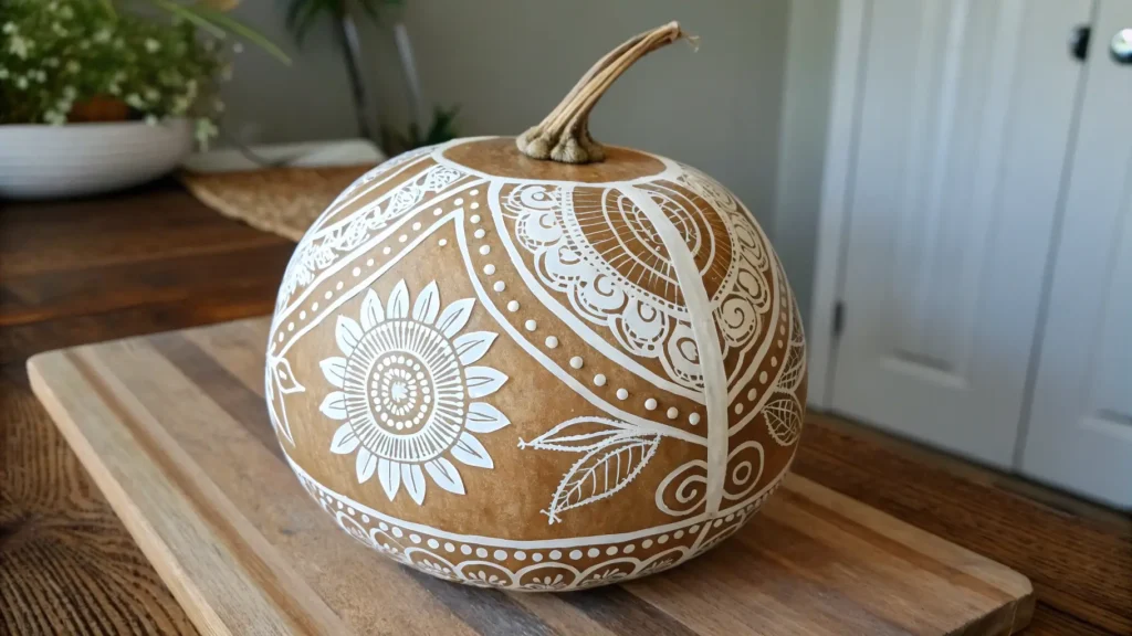 A beautifully painted gourd with intricate white patterns on a natural wood surface.