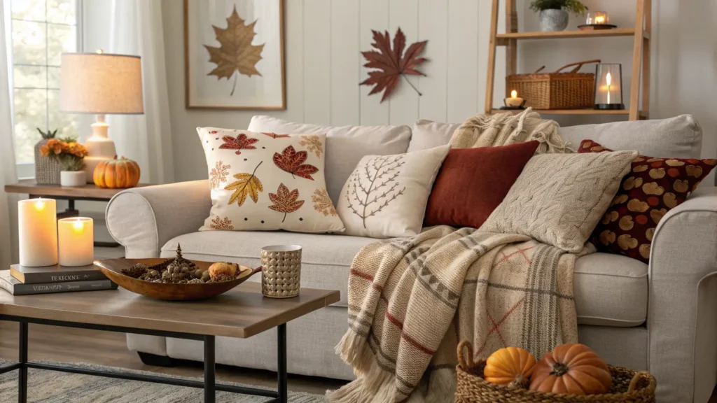 A beautifully styled living room featuring clearance fall decor items like throw pillows and a cozy blanket.