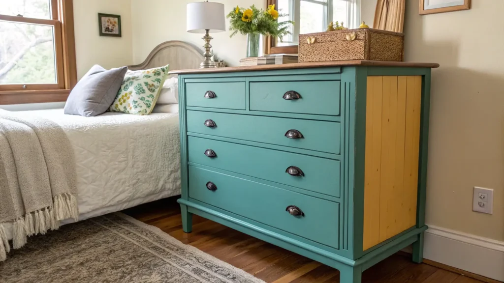 A beautifully upcycled vintage dresser with a fresh coat of paint, a sustainable DIY home project.