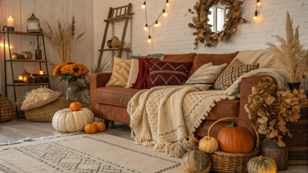 A bohemian-style living room decorated for fall with rich textures and earthy tones.