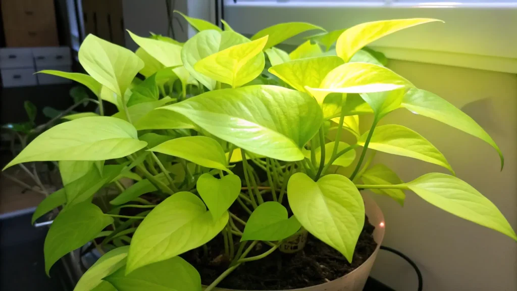 A bright, luminous Neon Pothos plant with vibrant lime-green leaves.