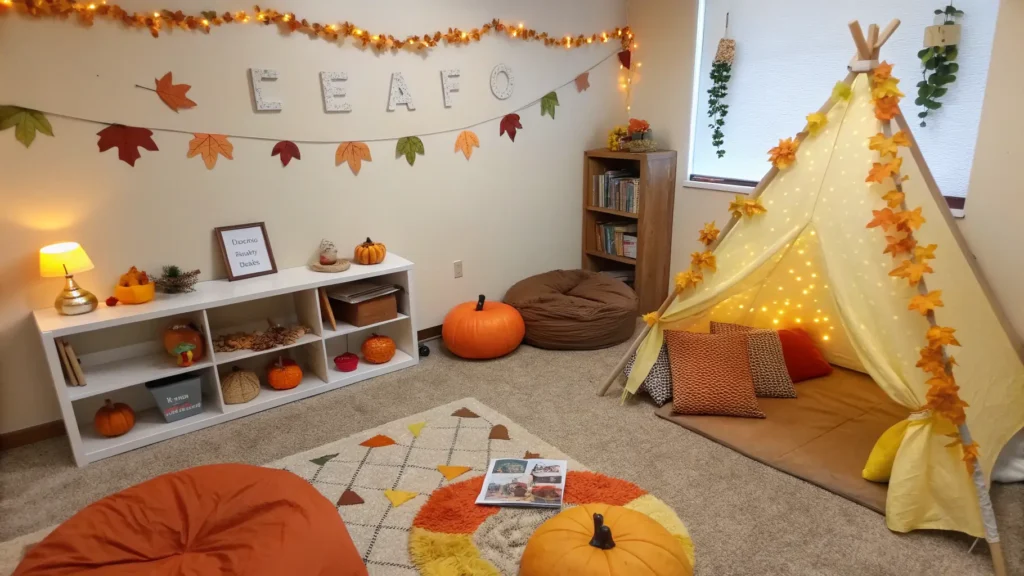 A child-friendly fall-themed playroom featuring warm autumn colors (oranges, yellows, browns) with soft, non-toxic decorations like plush pumpkins, leaf garlands, and cozy floor cushions. Include a small, cozy reading nook with a child-sized bookshelf, beanbags, and soft lighting (fairy lights or warm lamp). Emphasize safety, comfort, and playful atmosphere, avoiding sharp objects or fragile items. Style: realistic photo, wide-angle view. Lighting: soft daylight with warm tones. Background: neutral walls with subtle fall accents. fall decor kids medicine
