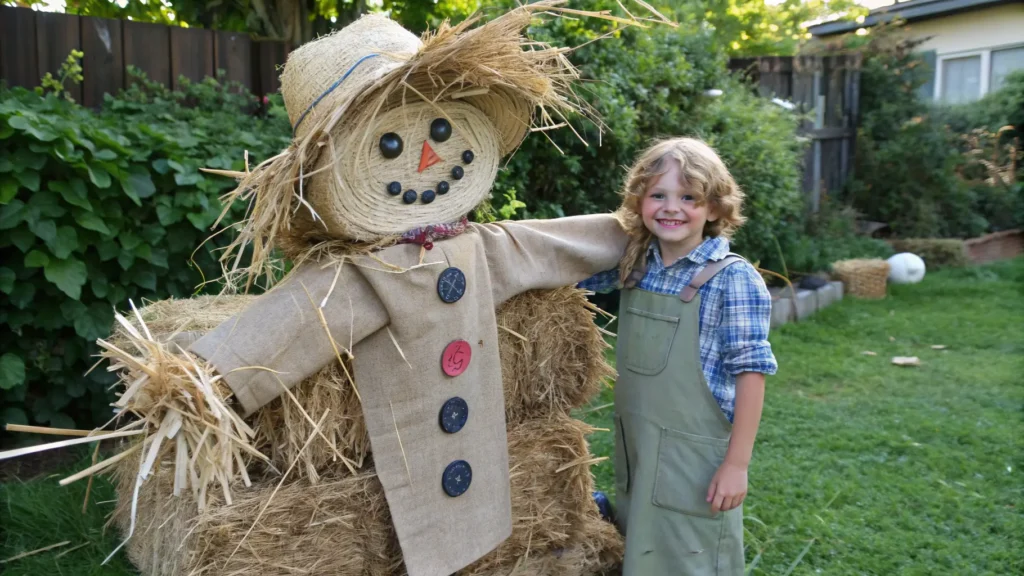 A child proudly holding a simple DIY hay bale scarecrow craft.