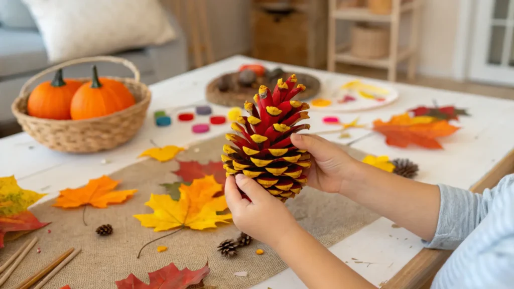A child's hand holding a brightly painted pinecone during a fall crafting session.