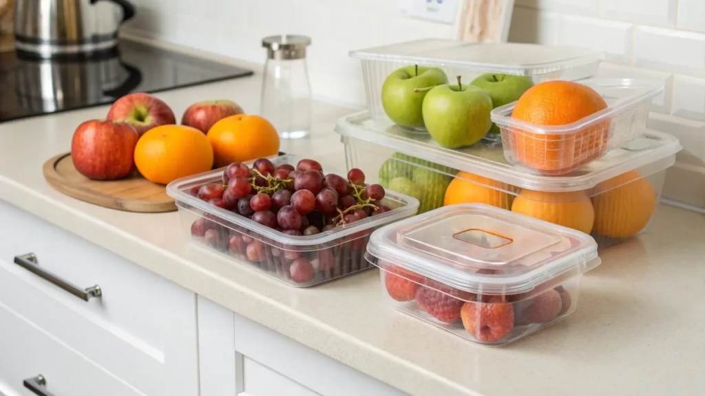 A clean kitchen counter with fresh fruit stored in sealed containers, representing fruit fly prevention. what liquid attracts fruit flies most