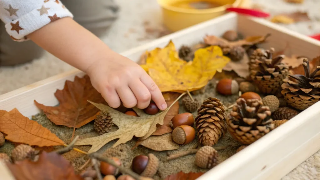 A close-up of a child's hand exploring a fall sensory bin filled with natural elements.