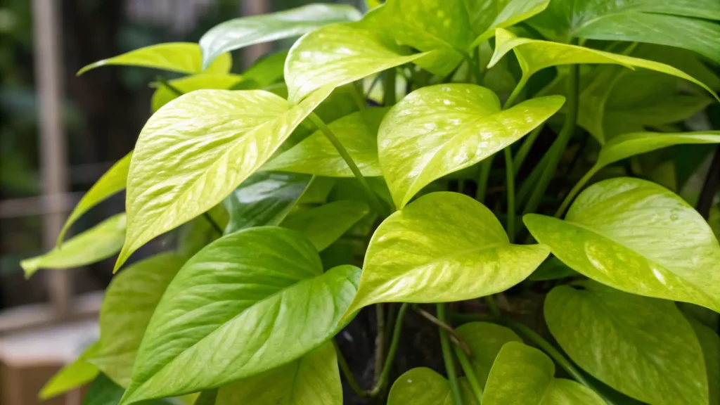 A close-up of a Neon Pothos plant displaying its brilliant, almost fluorescent lime-green leaves.