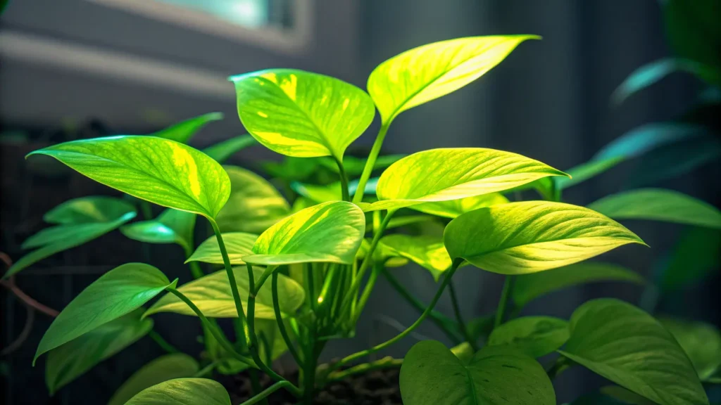 A close-up of a vibrant Neon Pothos plant, showcasing its bright, glowing green foliage.