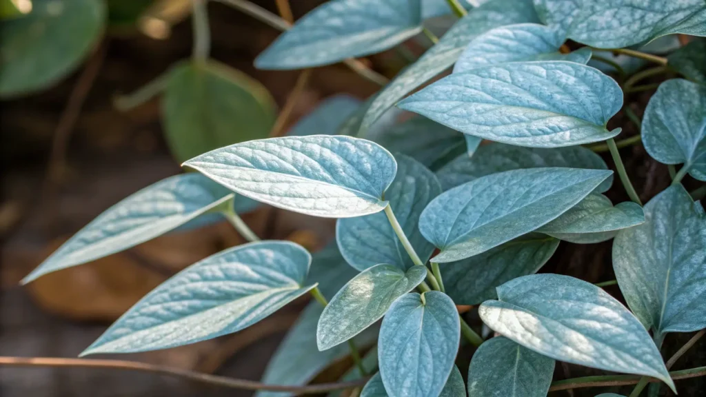 A cluster of elongated, silvery-blue-green leaves of a Cebu Blue Pothos plant, showing its unique texture.