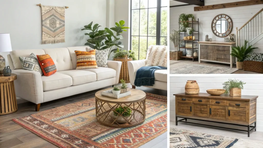 A collage of diverse living room decor design styles including modern, farmhouse, and bohemian.