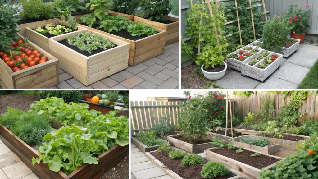A collage of diverse mini vegetable gardens from different users, showcasing various layouts and healthy plants.