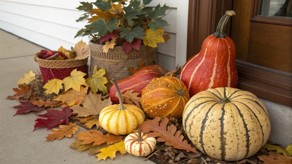 A collection of beautifully painted gourds and foraged fall leaves for sustainable decorating.