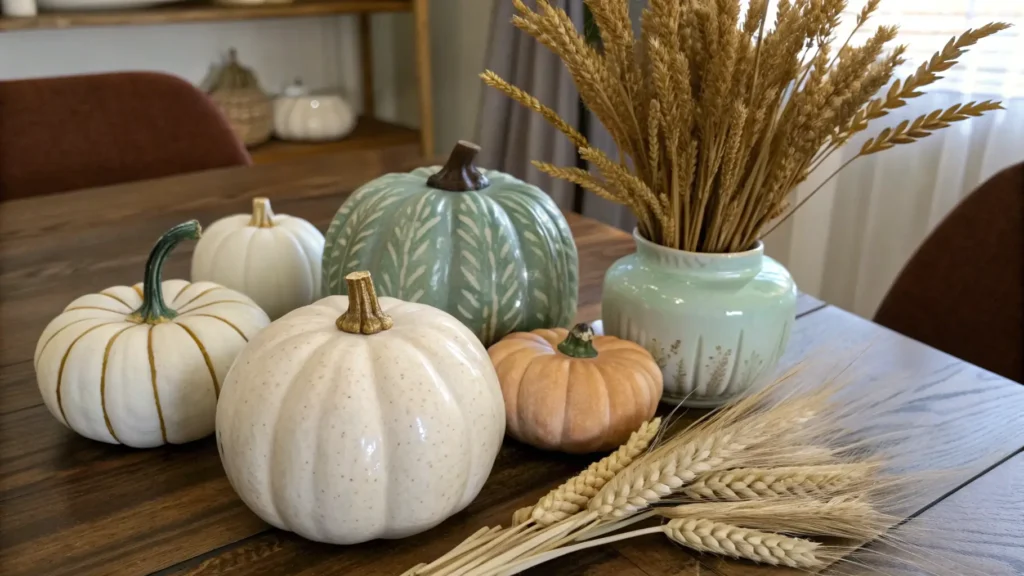 A collection of chic pumpkin alternatives for early September decor, including heirloom gourds in muted tones, ceramic pumpkins, and dried wheat bundles, perfect for August and September decor. How to Decorate for August and September