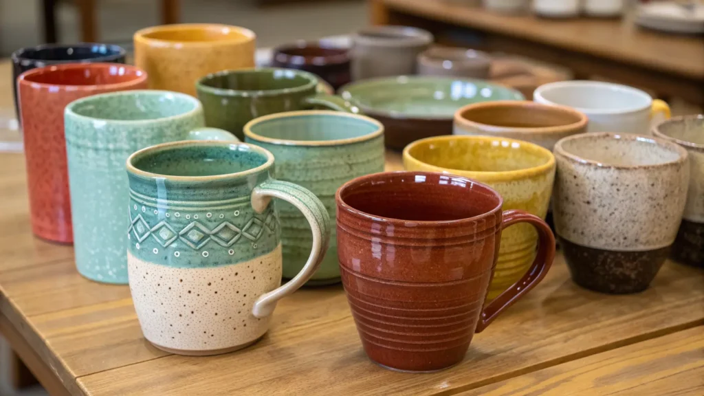 A collection of diverse handmade ceramic mugs, showcasing different glazes, textures, and shapes. Handmade Mugs Sell