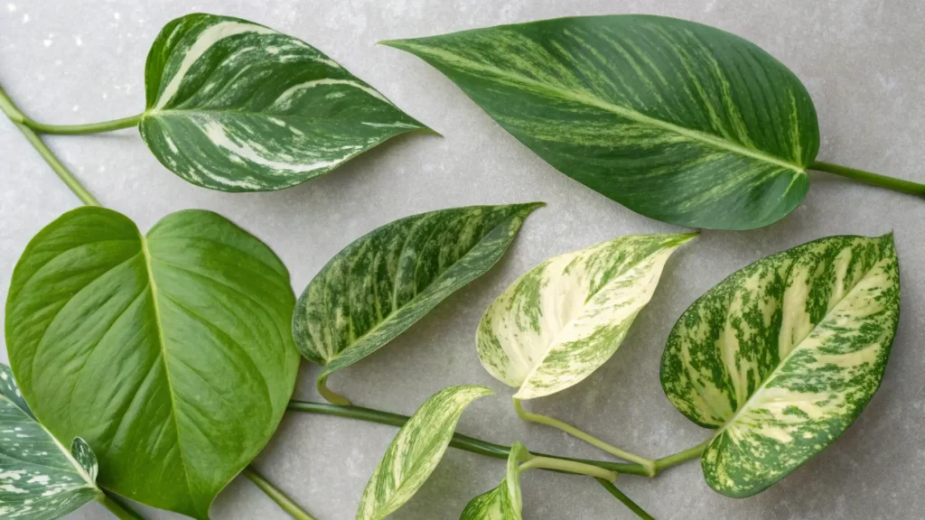 A collection of various Pothos plant leaves, including Jade Pothos, Global Green Pothos, and Jessenia Pothos, highlighting their diverse colors and patterns.