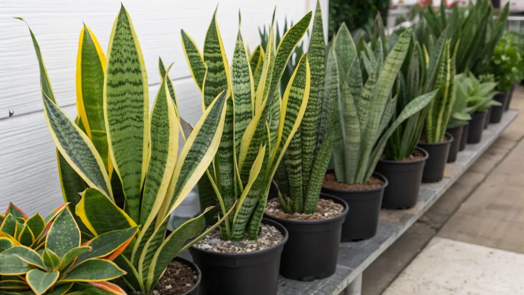 A collection of various snake plant varieties, showcasing different leaf shapes and colors.