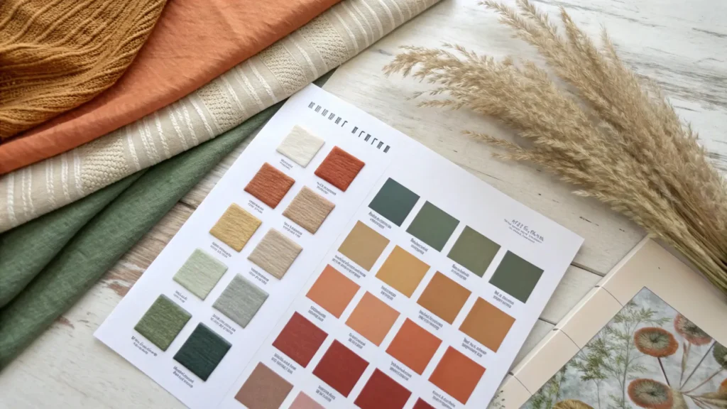 A color palette and texture swatch guide for August and September decor, showing hex codes for warm neutrals, muted greens, terracotta, and images of evolving materials like linen, cotton, wool, and velvet, transitioning from early August to late September. How to Decorate for August and September