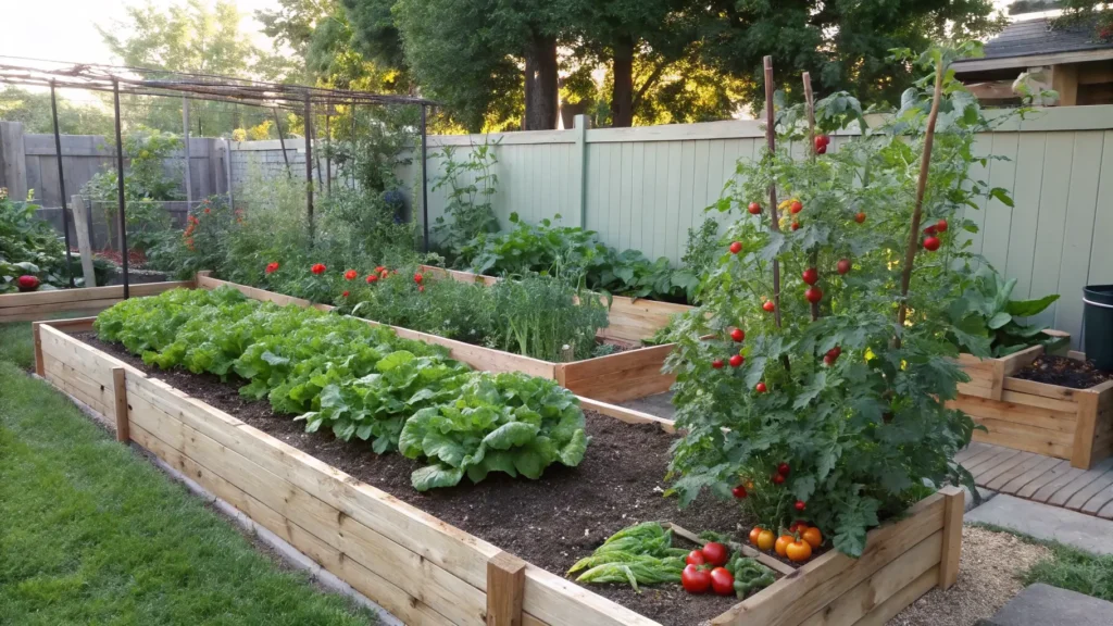 A compact L-shaped raised bed garden thriving with various vegetables in a small backyard.