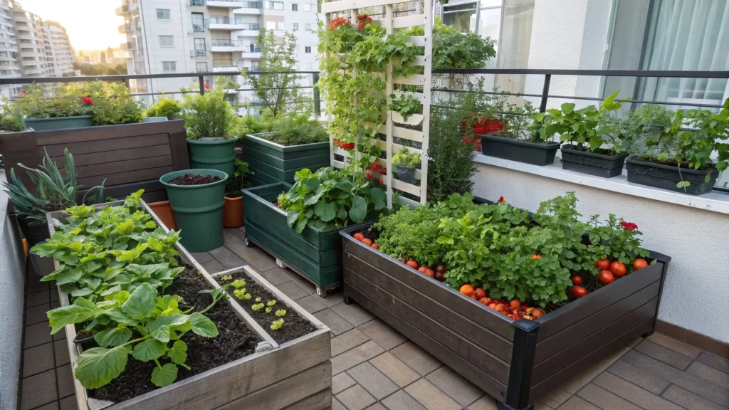 A compilation of diverse mini vegetable garden layout ideas including container, raised bed, and vertical gardens.