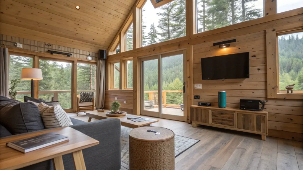 A contemporary cabin interior design showing sustainable materials and integrated smart home technology.