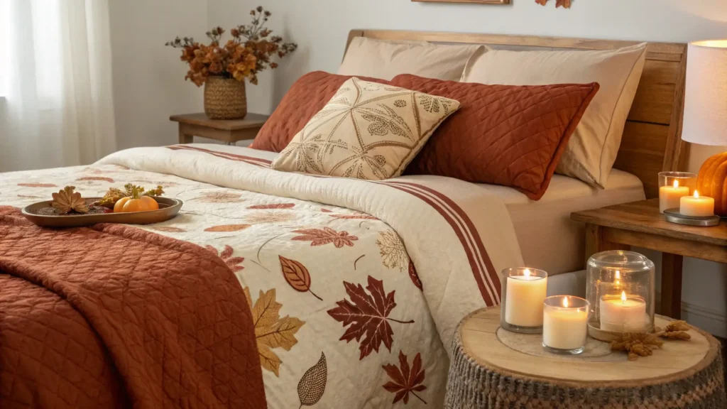 A cozy bedroom with elegant fall bedding and subtle scented decor.