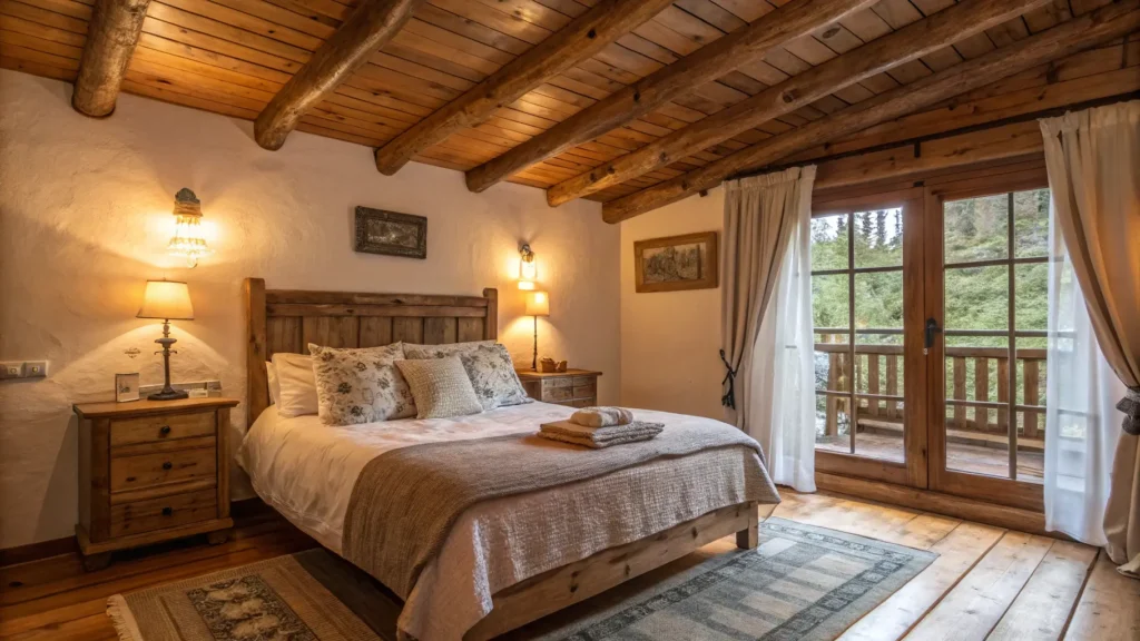 A cozy cabin bedroom interior design with warm lighting and a rustic wooden bed frame