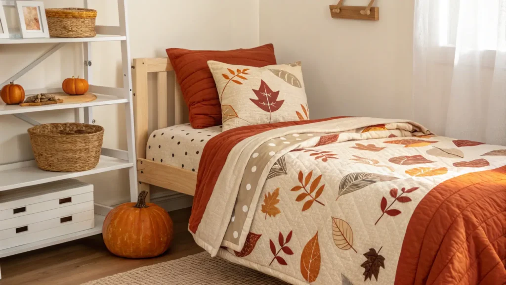 A cozy child’s bedroom featuring a small bed dressed with an autumn-themed blanket (warm tones like orange, rust, and beige) and matching pillows. On a high, safe shelf nearby, place a small decorative pumpkin as a seasonal accent. Shot: eye-level, warm daylight lighting, background: soft and neutral. Style: realistic photo. Alt text: “A child’s bed with a cozy autumn-themed blanket and pillows, with a small decorative pumpkin on a high, safe shelf nearby.” Filename: childs-autumn-bedroom.