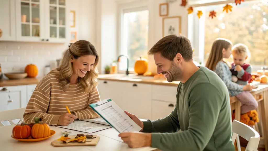 A cozy family scene showing parents reviewing a fall home safety checklist at the kitchen table. In the background, children are happily and safely playing with toys. Emphasize a warm autumn atmosphere with soft natural daylight coming through the window, subtle fall decorations (like pumpkins or leaves), and a sense of comfort and security. Style: realistic illustration. Shot: mid-range view, slightly angled. Lighting: warm and inviting. Background: tidy home interior with seasonal touches. Alt text: "A family reviewing a fall home safety checklist, with children playing safely in the background."