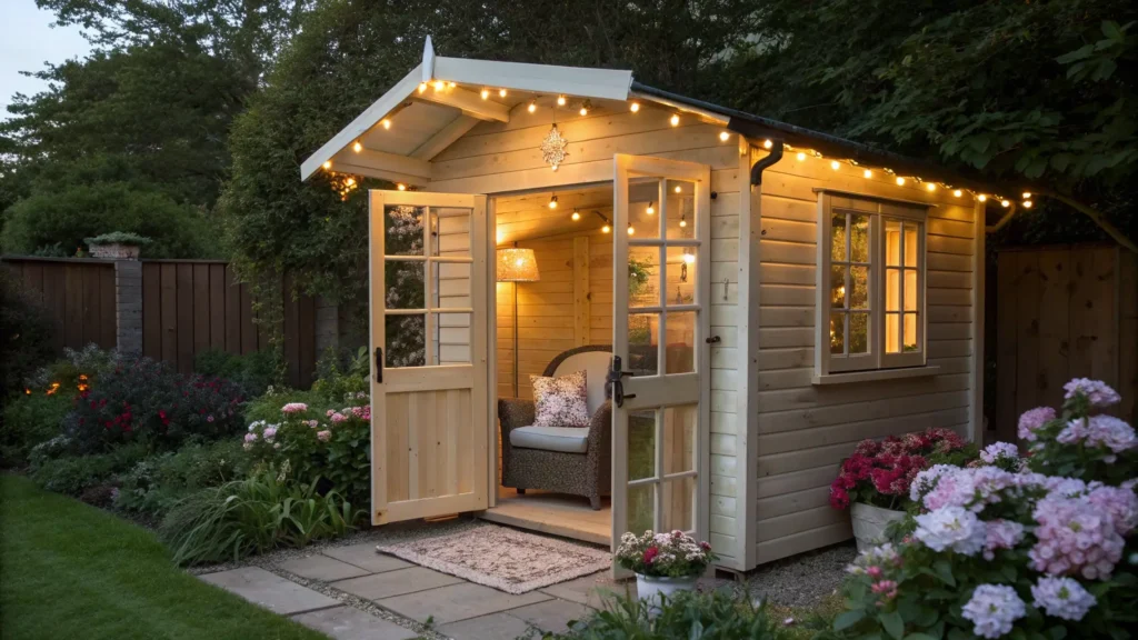 A cozy she-shed with fairy lights, a comfortable armchair, and blooming flowers outside : Garden Shed Ideas