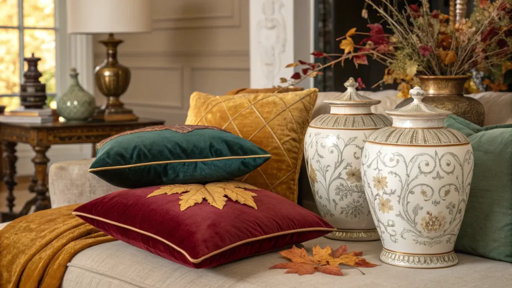 A curated collection of the hottest fall decor 2025 trends, including velvet pillows and ceramic vases.