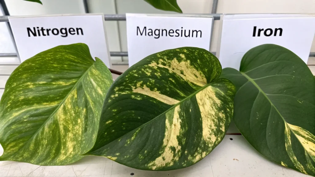 A custom chart visually illustrating the specific yellowing patterns on pothos leaves for Nitrogen, Magnesium, and Iron deficiencies, highlighting interveinal chlorosis. Pothos Yellow Spots