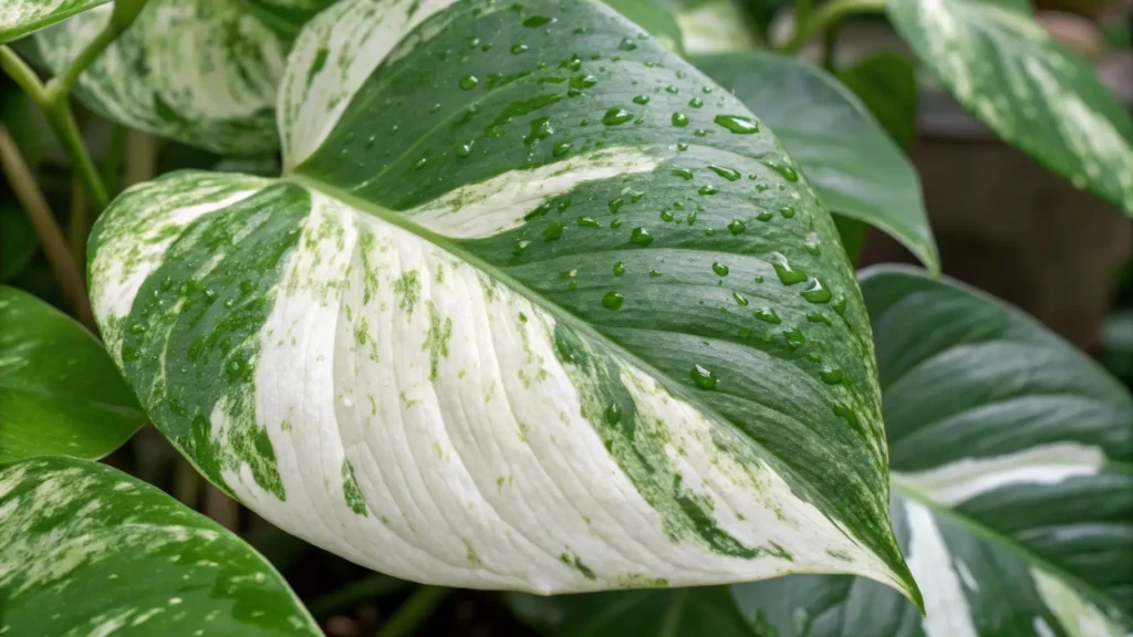 A detailed view of an N'Joy Pothos leaf showing crisp white variegation.