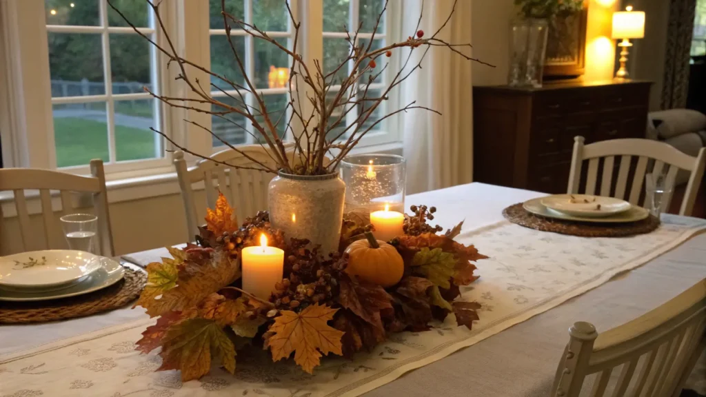 A dining room table set with elegant fall decor, featuring a natural centerpiece and candlelight. How to Decorate Tastefully for Fall