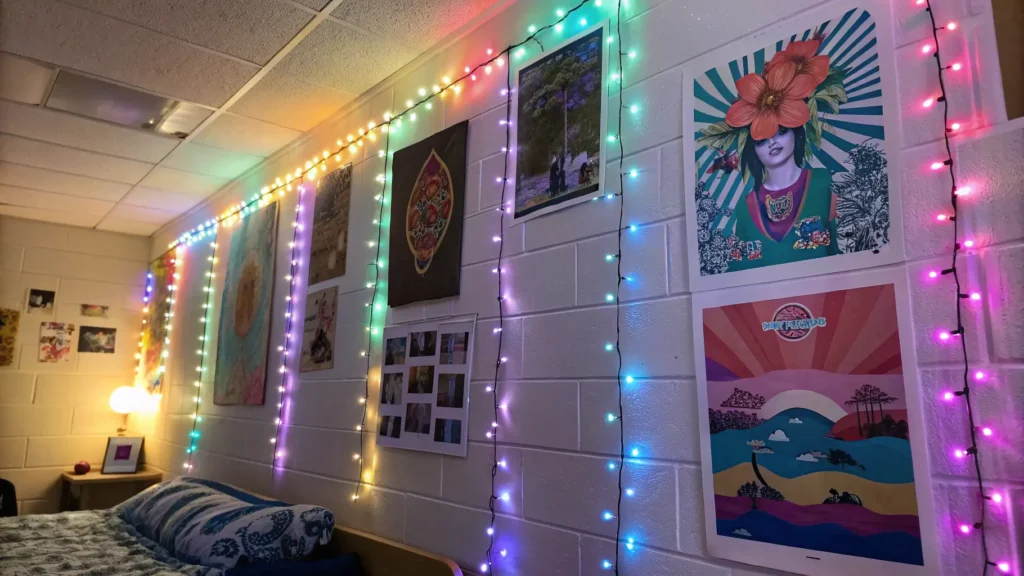 A dorm room wall decorated with cool posters and LED strip lights, creating an aesthetic vibe.